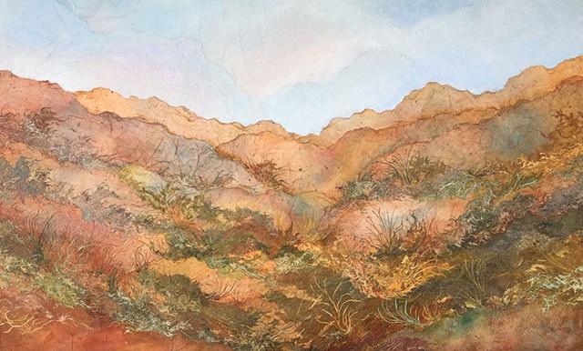 Colorful, warm mixed media landscape of the wild nature on earth