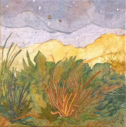 Paper Art Happy, colorful plants in  mixed media hillside landscape w/paper, watercolor & acrylic on canvas