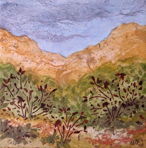 Paper Art /8"x8" canvas of dry hills and patterns of plants in landscape/mixed media w/paper, watercolor and acrylic paint   