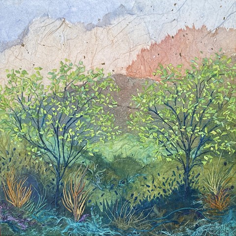 Vibrant,lush,textured mixed media view of two happy trees in the wild open spaces by Victoria Alexander Marquez