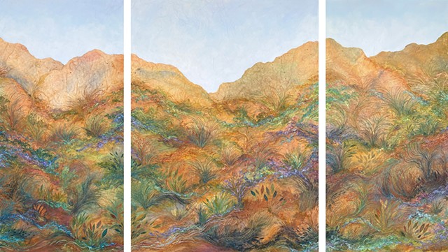 colorful, textured 3 panel work on canvas wild, teaming nature in the wilds