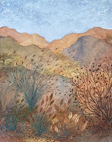 Wild plants in the wind on warm, colorful, textural, hillside landscape, 20" x 16"canvas by Victoria Alexander Marquez