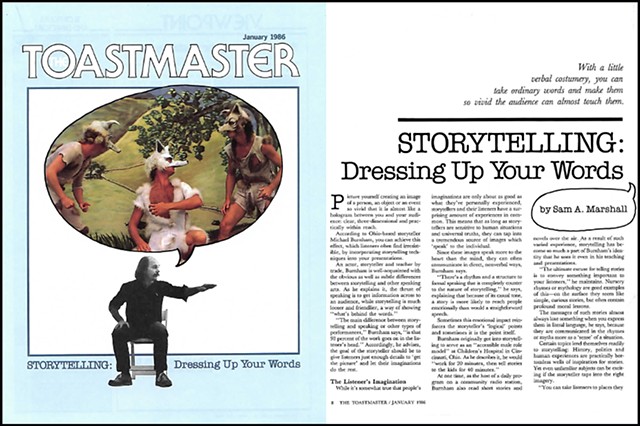B & W inset portrait, Cincinnati storyteller/theatre professional Michael Burnham - 1986, Toastmaster magazine