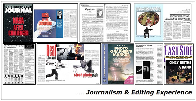 Montage of samples of journalism/editorial experience