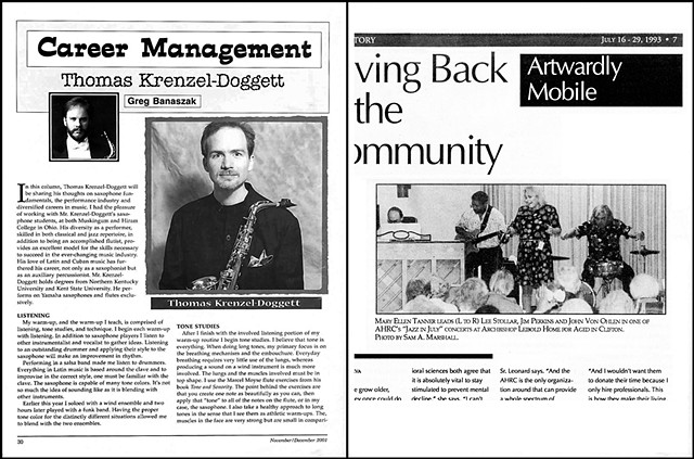 Thomas Krenzel-Doggett portrait & Mary Ellen Tanner jazz group performance - 2001, Saxophone Journal & 1994, Everybody's News 
