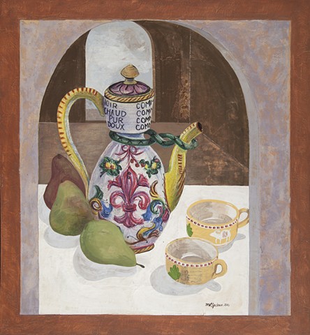 Mixed media still life in pastel, gouache, collage. Deruta carafe, cups, and pears in a Mediterranean cafe.
