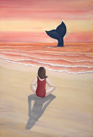 Woman on beach, sunset, whale diving below surface. Gouache. Spiritual journey.