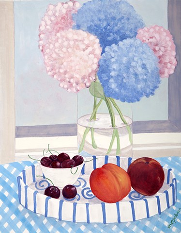 Summer. Gouache still life in series of Four Seasons.  Vase of hydrangeas, cherries, ceramic tray, peaches, window.