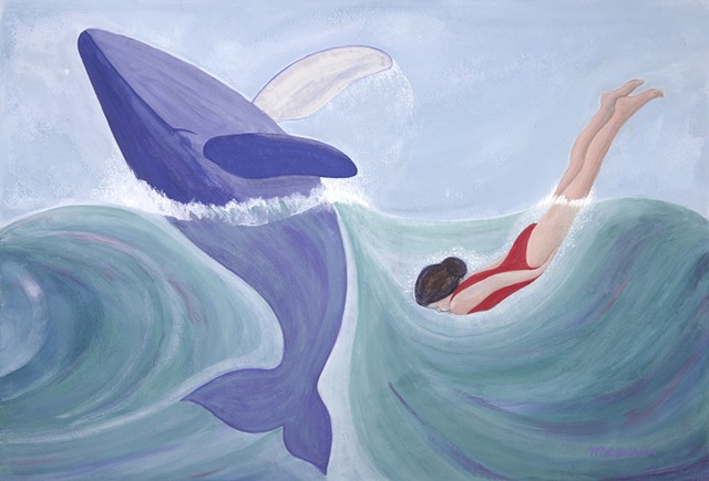 Whale guide, woman free diving and breaching together in ocean. Gouache. Spiritual journey.