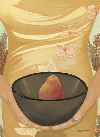 Mixed media gouache and collage torso of a woman in a sarong holding bowl with pear.