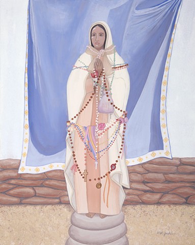 Gouache Camino de Santiago, Spain, paintings. Statue of Mary draped with rosaries.