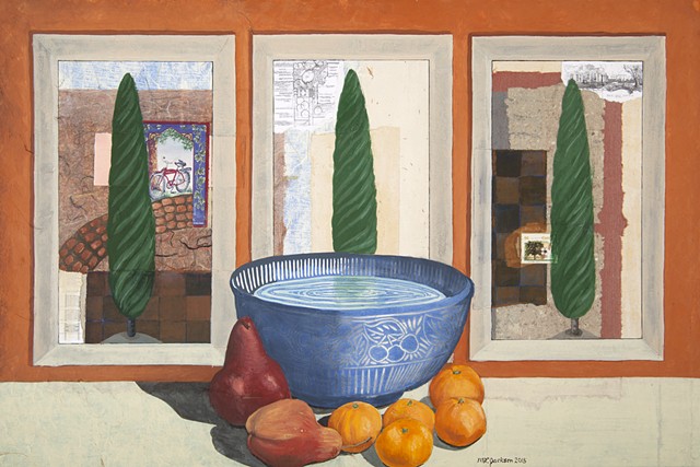 Mixed media still life in gouache, collage, and linocut on Masonite. Windows, cypresses, bowl, Mandarin oranges, pears.