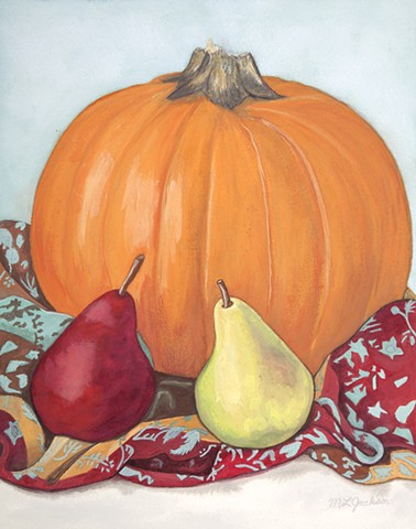 Autumn. Still life in series of Four Seasons. Textiles, pumpkin, pears. Gouache.