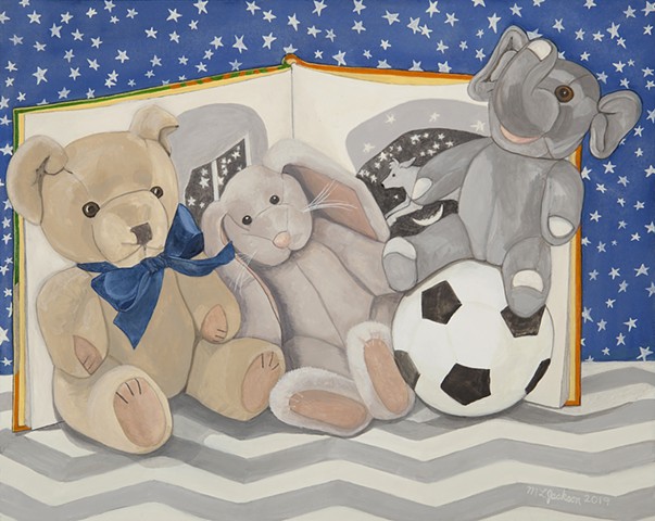 Gouache still life with a stuffed bear, bunny, and elephant, soccer ball, stars, Goodnight Moon, cow jumping over the moon.