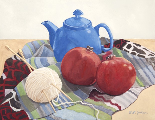 Winter. Still life in series of Four Seasons.  Teapot, 2 pomegranates, ball of yarn, knitting needles, textiles. Gouache.