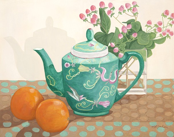 Spring. Gouache still life in series of Four Seasons. Teapot, oranges, vase of St John's wort, textiles.