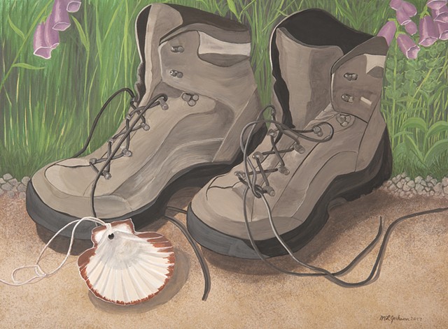 Gouache paintings from the Camino de Santiago, Spain. Pilgrim's hiking boots, scallop shell, road, grasses and foxglove.