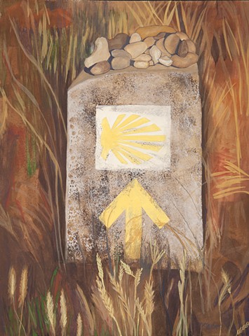 Stone way marker, cairn. Gouache paintings from the Camino de Santiago, Spain. 