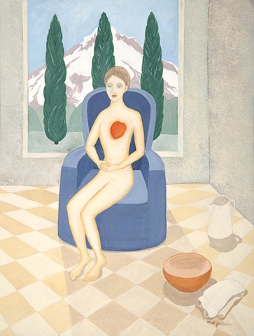 Gouache painting of an interior with woman in chair, window, cypresses, volcanic mountain.