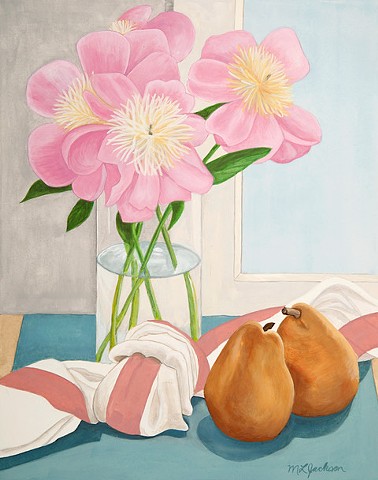 Gouache still life. Symbolizing marriage, vase of peonies, pears, a knotted scarf with a pink ribbon, window.