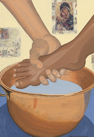 Mixed media collage and gouache of washing feet in a church, icon of Mary and Christ child on wall.