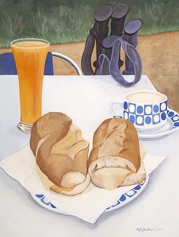 Gouache paintings of Camino de Santiago, Spain. Pilgrim breakfast, orange juice, coffee, baguette sandwich, roadside cafe, hiking poles.