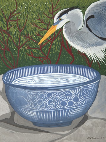 Mixed media linocut and gouache of great blue heron, bowl, stone patio, red-twig shrubs. 