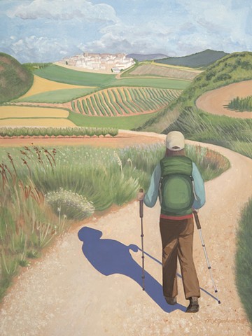Gouache paintings from the Camino de Santiago, Spain.  Woman pilgrim walking, her shadow, landscape, hilltop town.