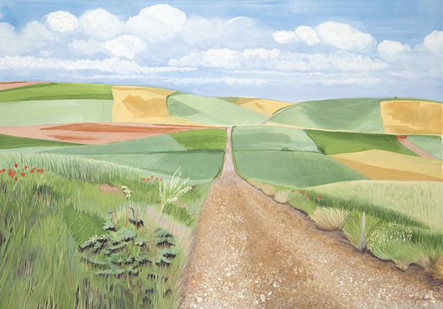 Gouache paintings from Camino de Santiago, Spain. Landscape, dirt road, rolling hills, patchwork fields, sky with clouds. 