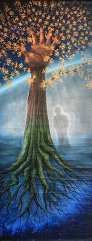 Art on canvas banner of the tree with deep roots and the hand reaching for knowledge