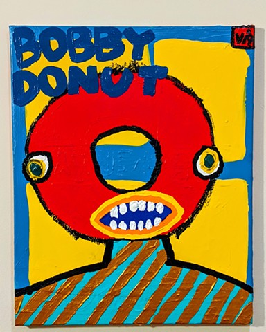 Portrait of a man with a red donut for a head on top of a blue and yellow background by self taught artist Charlie Visconage