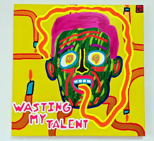 WASTING MY TALENT - painting by artist Charlie Visconage with a green faced man with an orange tongue