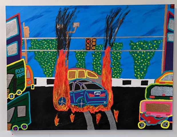 Landscape painting of a car on fire, THE ACTION IS THE JUICE