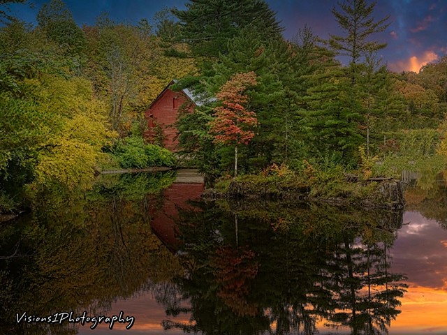 Fall Trees and Barn Reflections at Sunset Vt.