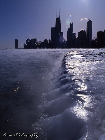 Chicago Skyline With Layered Ice -40 Degree Wind Chill