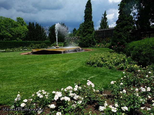 Rose Garden Fountain with Stormy Clouds Chicago Botanic Garden Glencoe Il.