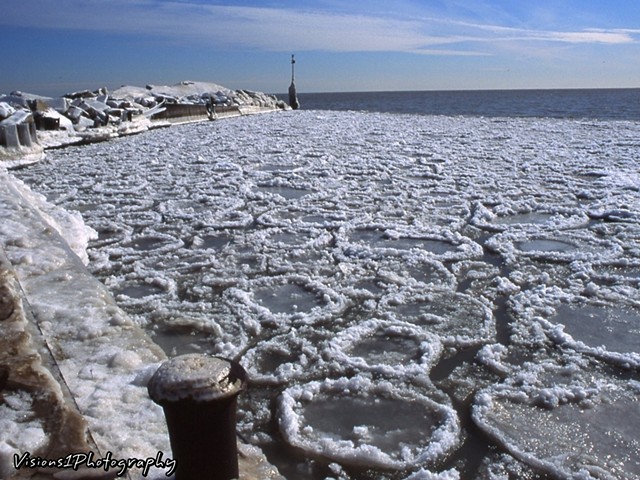 Frozen Ice Pads Lake Michigan Shoreline