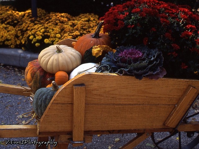 Wooden Cart with Pumpkins