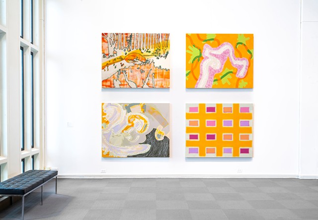 Installation View of four paintings hung in a grid