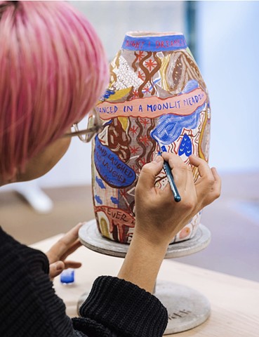 Guildhouse Residency 2022 - working on The Blue Meadow Dream vase - photo by Lana Adams