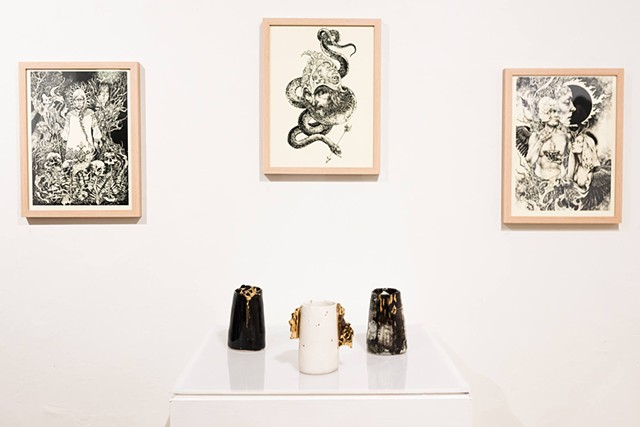 My pieces in 'Morbid Curiosities' exhibition alongside Russian duo Rotten Fantom (wall pieces) at Peanut Gallery 2016