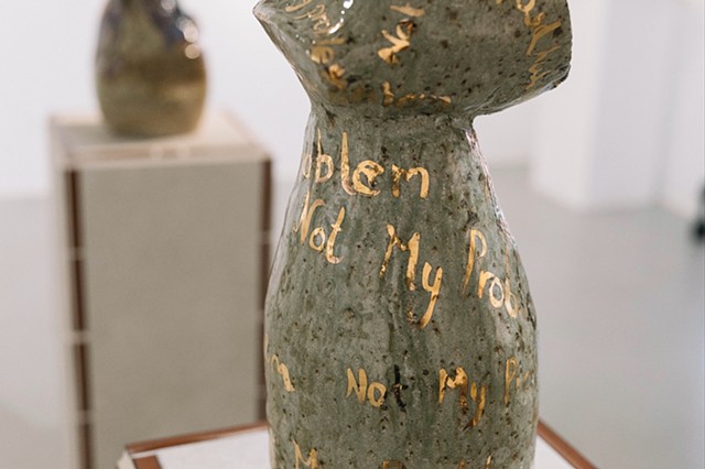 Not My Problem (detail), gas-fired stoneware sculpture with 2ct gold lustre, plinth made by the artist