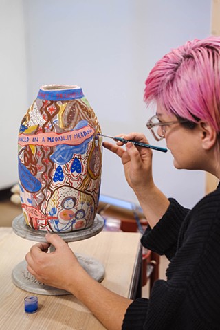 Guildhouse Residency 2022 - working on The Blue Meadow Dream vase - photo by Lana Adams