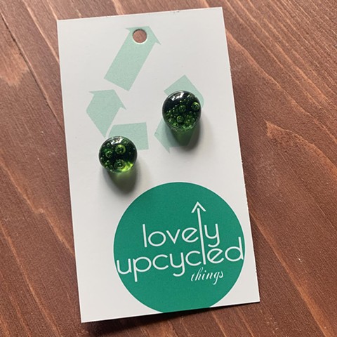 Dark Green Glass Studs with Bubbles