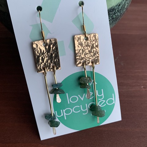 Drum Set Cymbal Earrings - Vertical Rectangles with Green Rock Bead Dangles SOLD