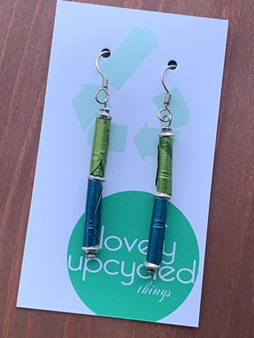 Upcycled Aluminum Coffee Pod Earrings, Green and Blue SOLD