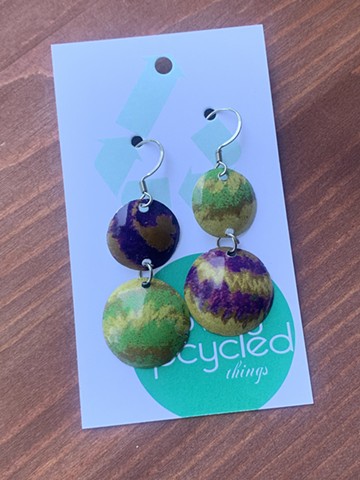 Tin Circle Earrings, Purple, Green & Yellow Swirls