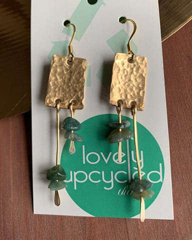 Drum Set Cymbal Earrings - Vertical Rectangles with Green Rock Bead Dangles