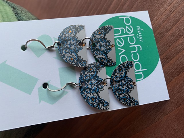 Tin Earrings, Blue Patterned Half Moons SOLD