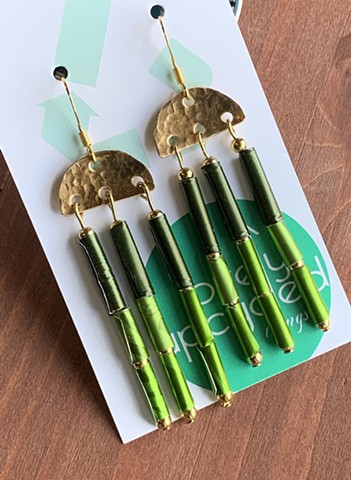 Upcycled Aluminum Coffee Pod Earrings, Green Ombre Fringe $30